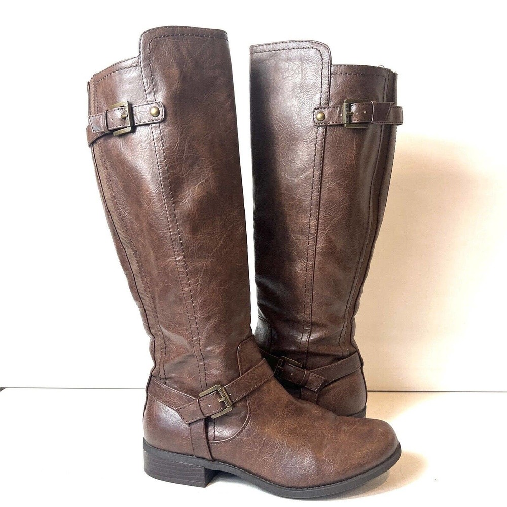 G by Guess Women's 10M Side Zip Knee High Tall Riding Boots Brown Buckle Leather